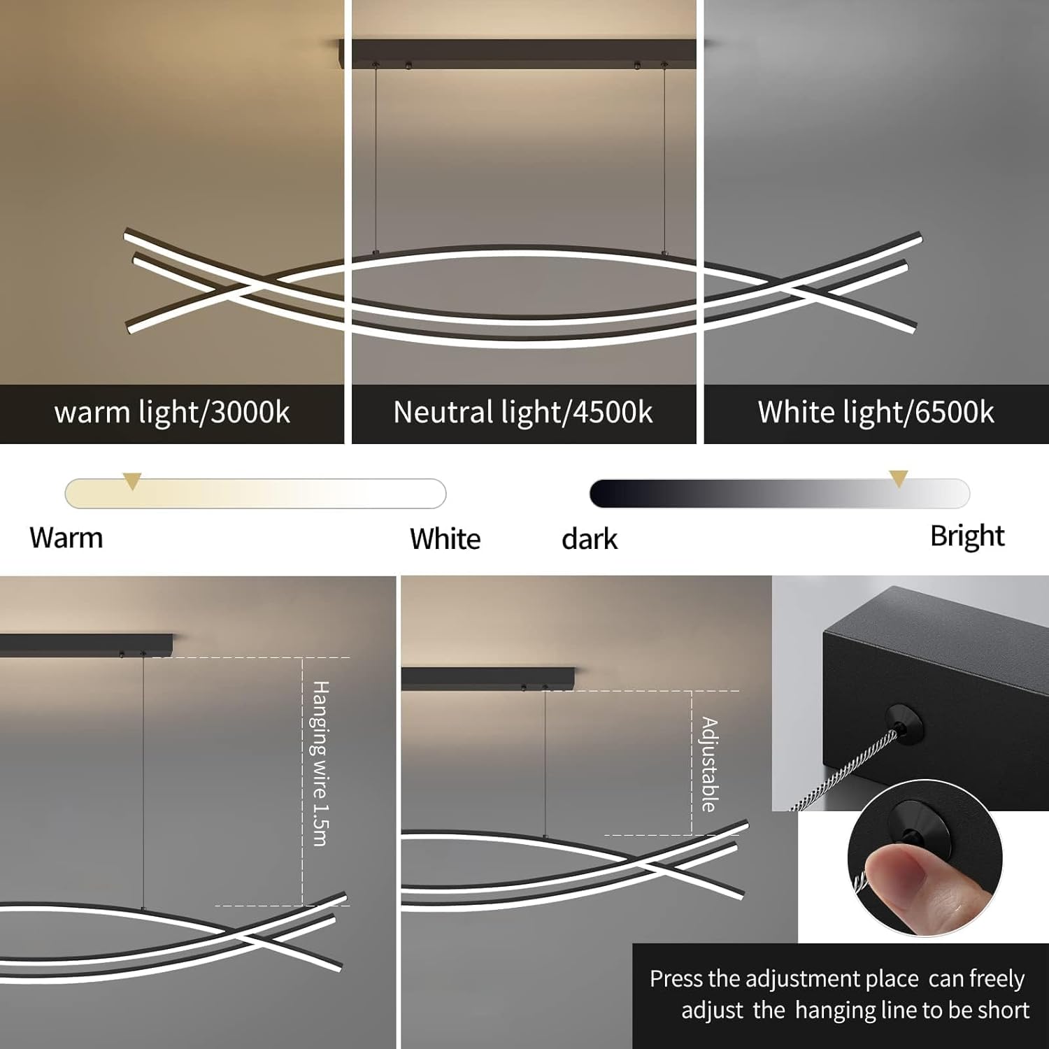 Light fixture with adjustable hanging wire and color temperature options.