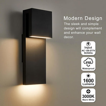 Modern outdoor wall light fixture with specifications on a gray background