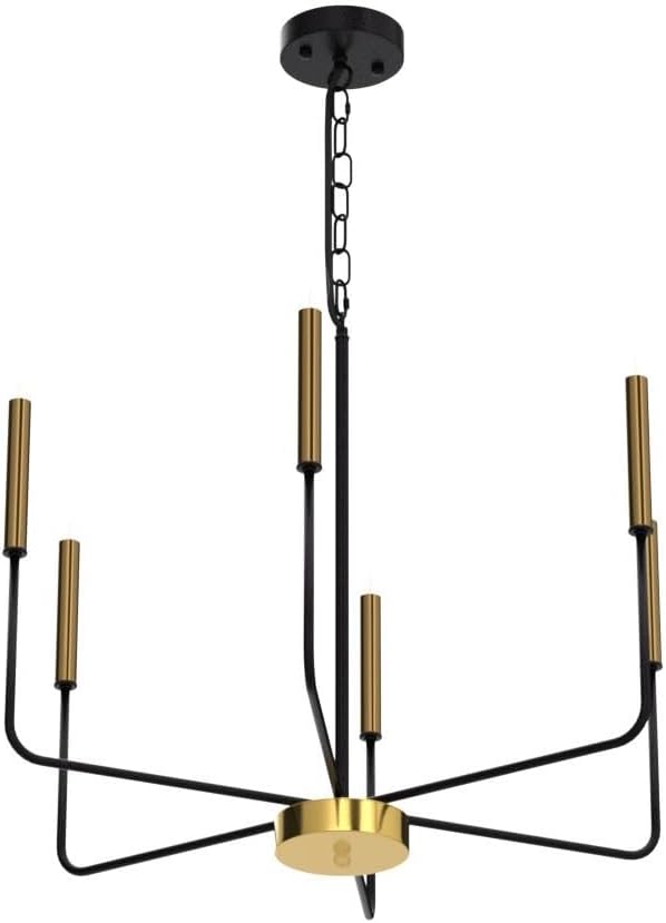Modern chandelier with black and gold design on a white background