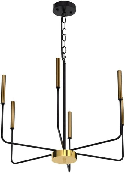 Modern chandelier with black and gold design on a white background