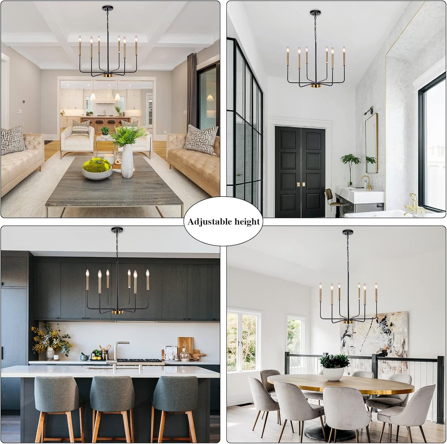 Collage of a modern living room, hallway, kitchen, and dining area with a chandelier.