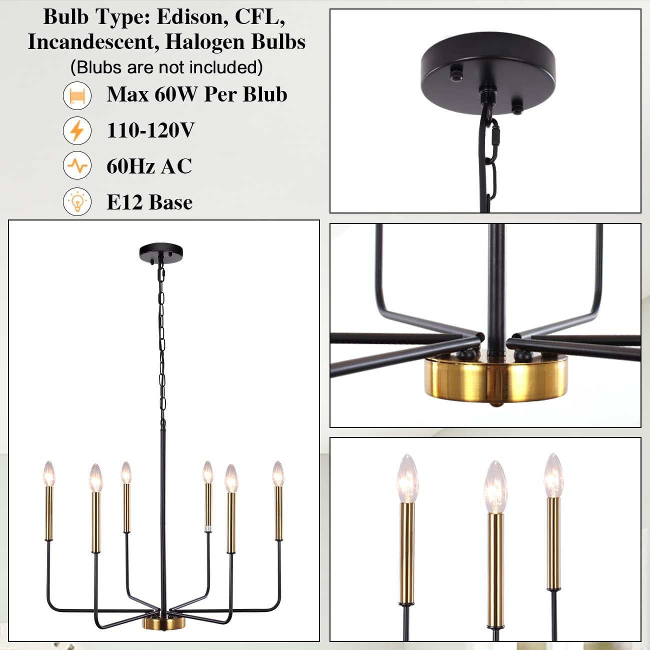 Chandelier with black and gold design, featuring bulb type information on a white background.