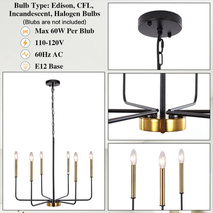 Chandelier with black and gold design, featuring bulb type information on a white background.