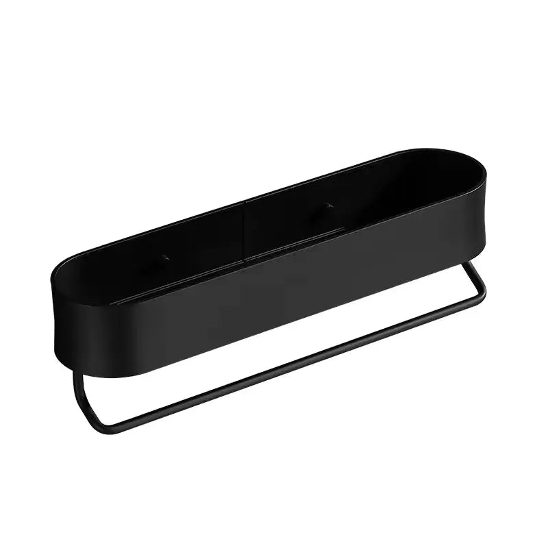 Black metal wall-mounted shelf on a white background