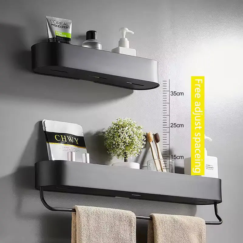 Bathroom shelves with toiletries and a measuring scale indicating adjustable spacing.