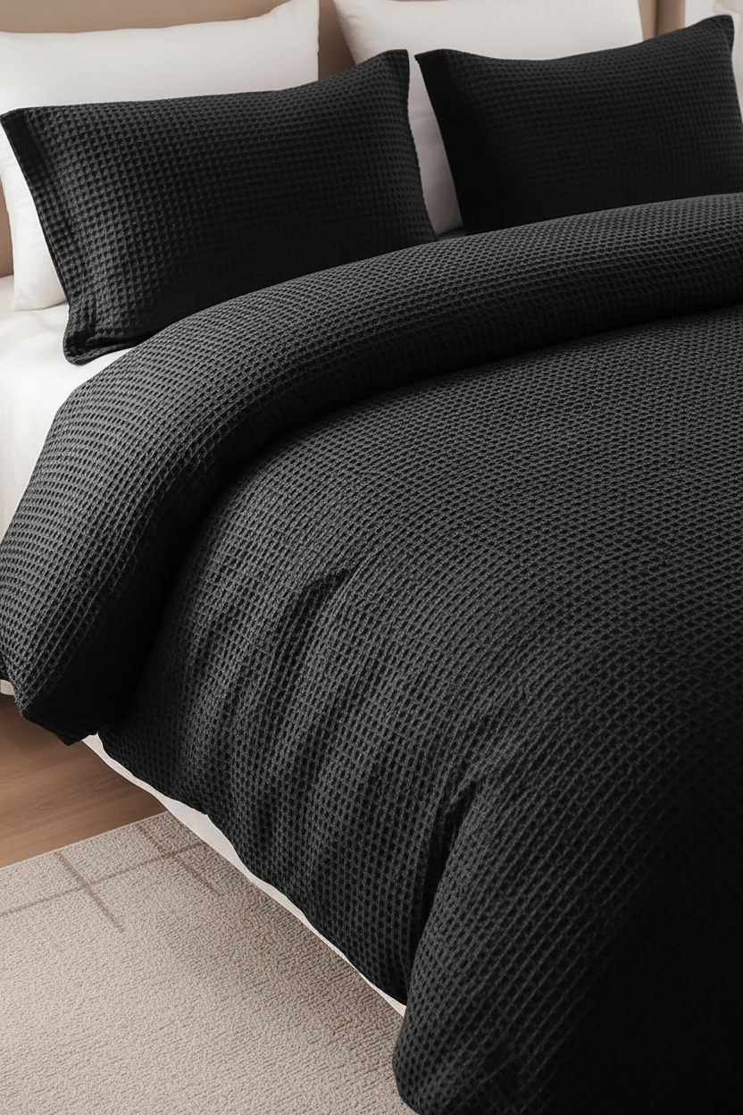 Black waffle-weave bedding set including a duvet cover and two pillowcases on a bed, with white sheets visible underneath.