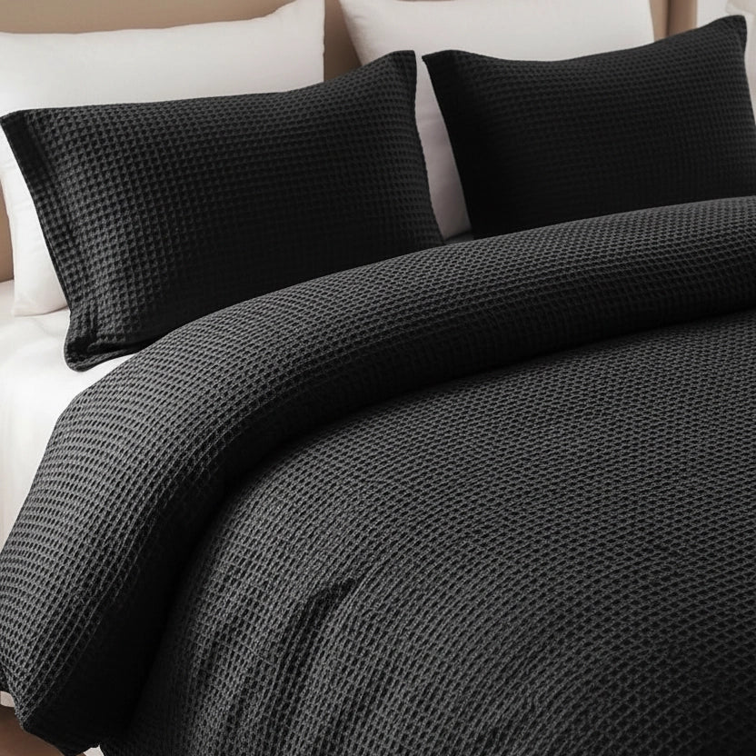 Black Waffle Weave Duvet Cover Set