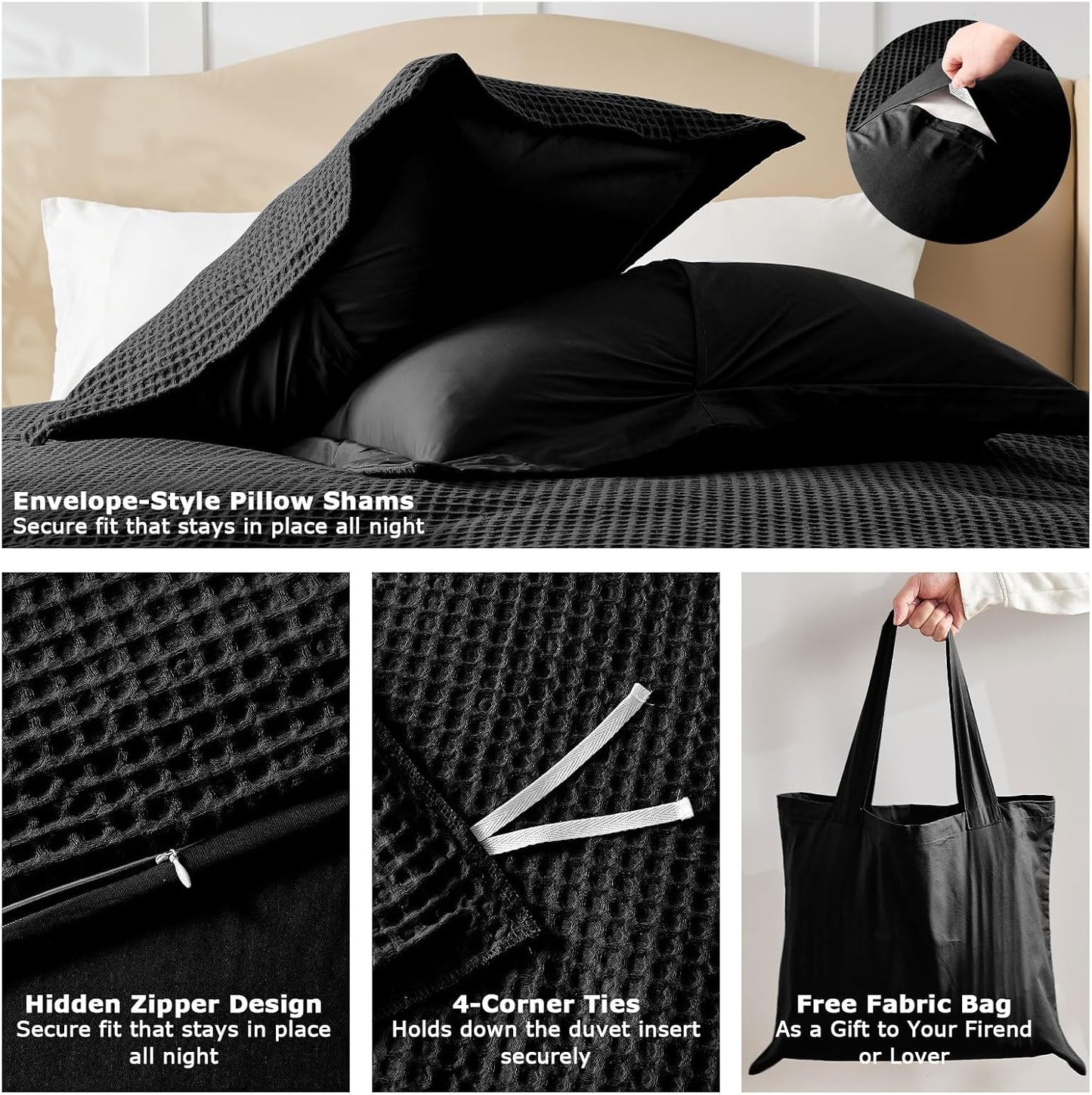 Black Waffle Weave Duvet Cover Set
