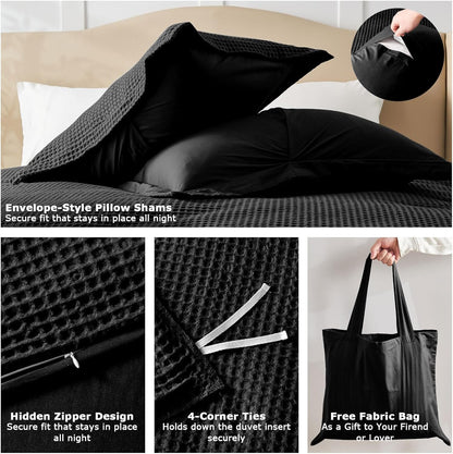 Black Waffle Weave Duvet Cover Set