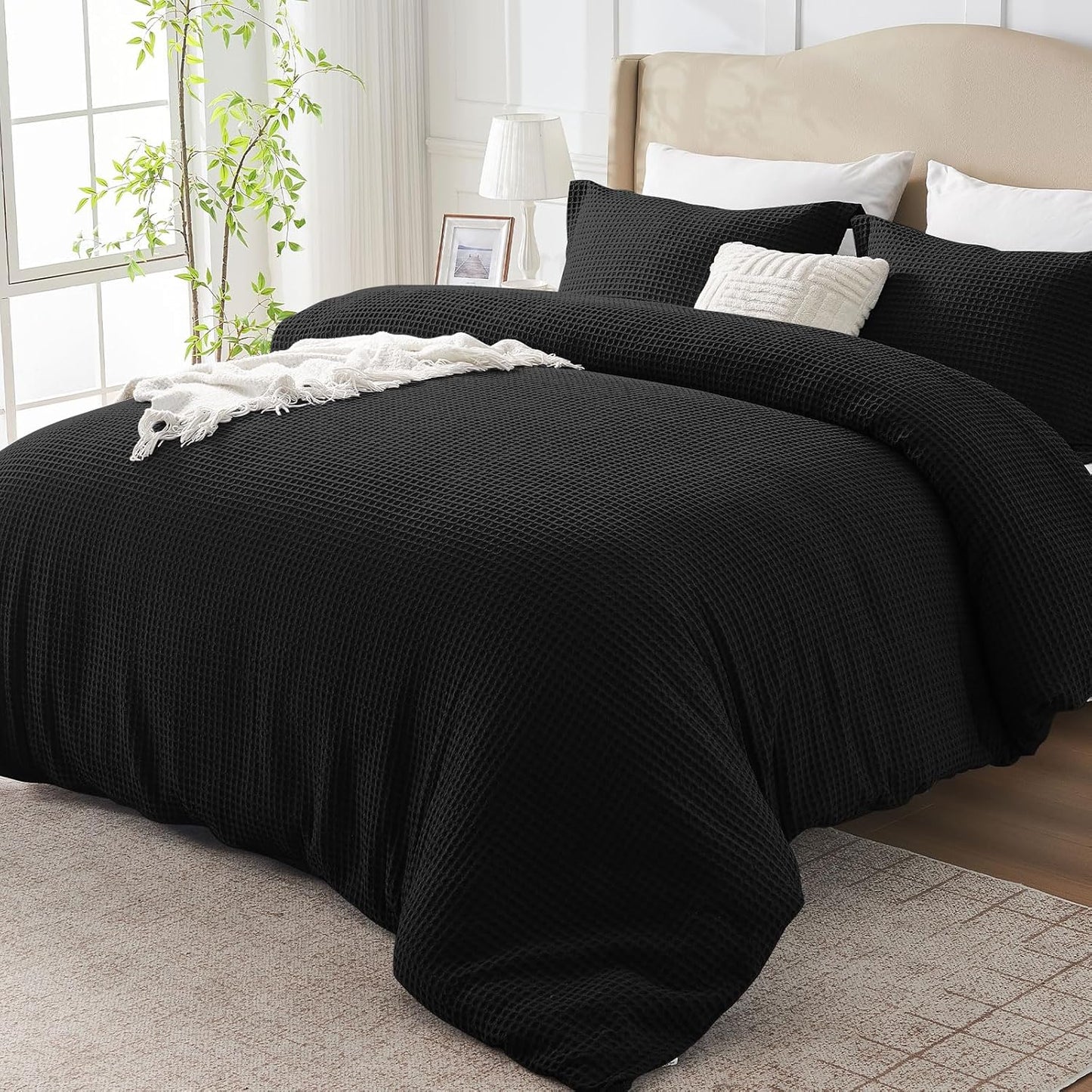 Black Waffle Weave Duvet Cover Set