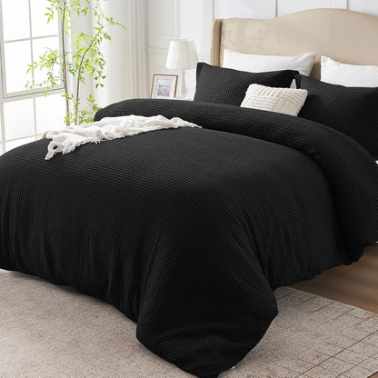 Black Waffle Weave Duvet Cover Set