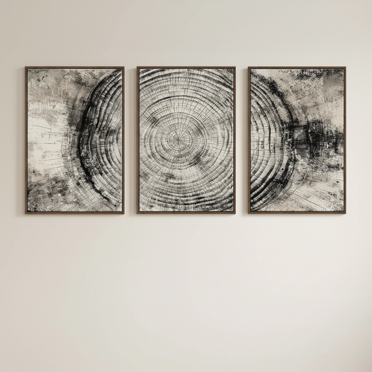 Three framed abstract wood grain wall art prints arranged side by side on a light beige wall.