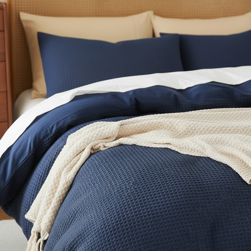 A styled bed in a bedroom setting featuring a navy blue waffle-weave duvet cover, matching navy pillows, beige accent pillows, a cream knit throw blanket, and a woven cane headboard.