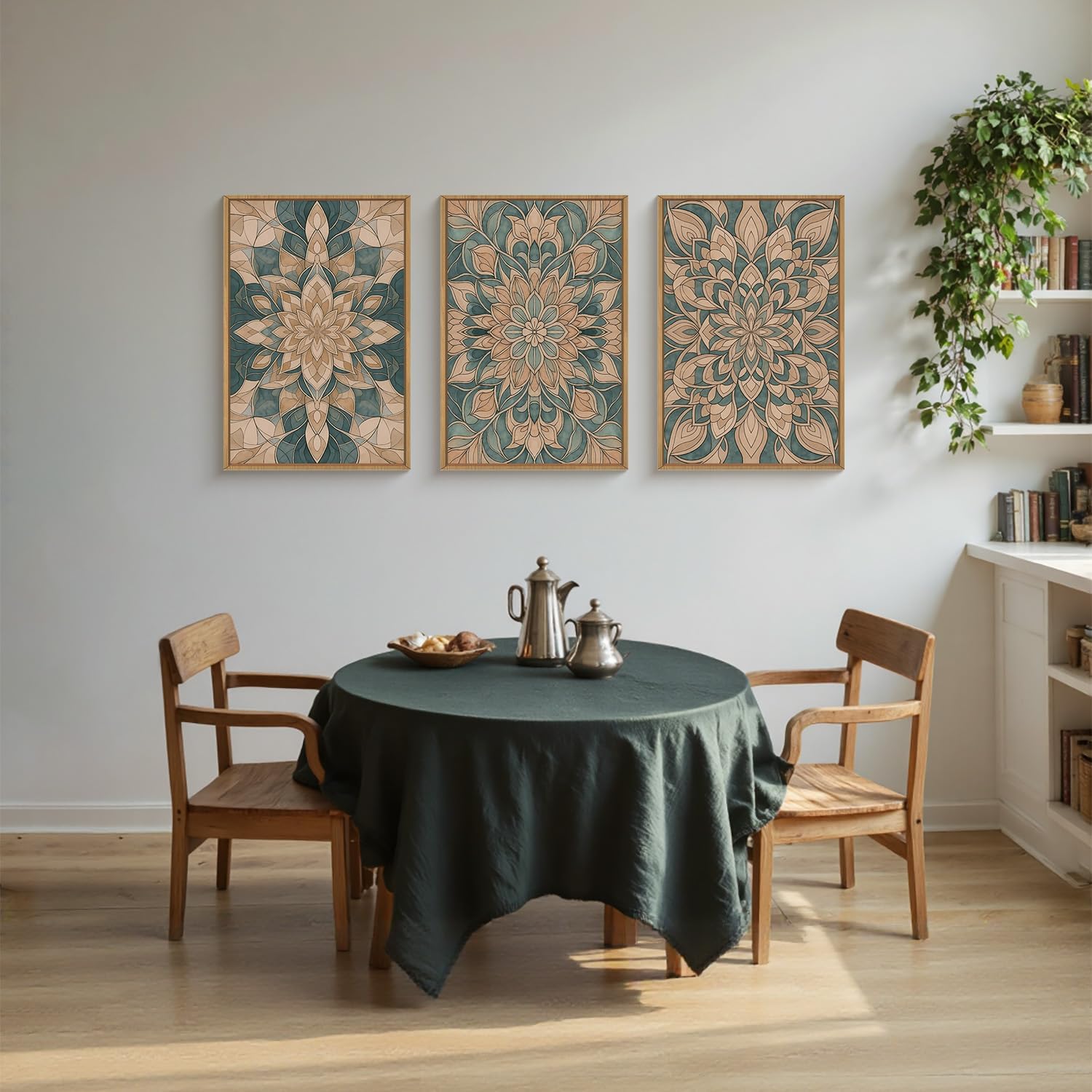 Dining room with a round table, chairs, and decorative wall art.