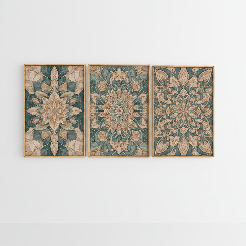 Set of three decorative wall art panels with floral patterns on a white background