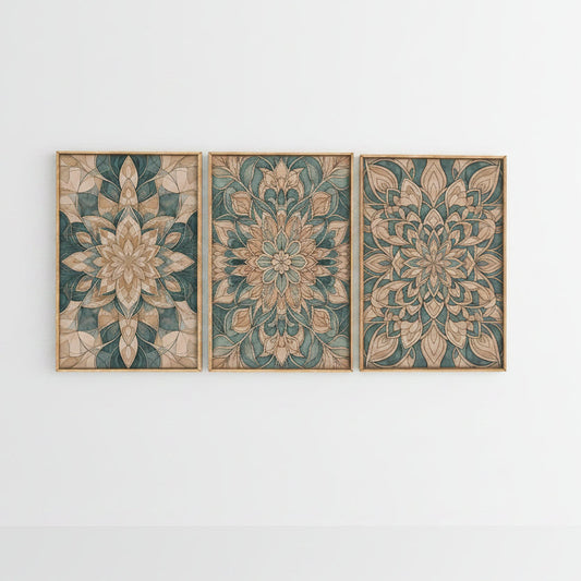 Set of three decorative wall art panels with floral patterns on a white background