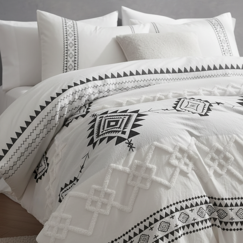 White bedding set with black geometric tribal-style embroidery and textured quilting, shown on a bed with matching pillowcases.
