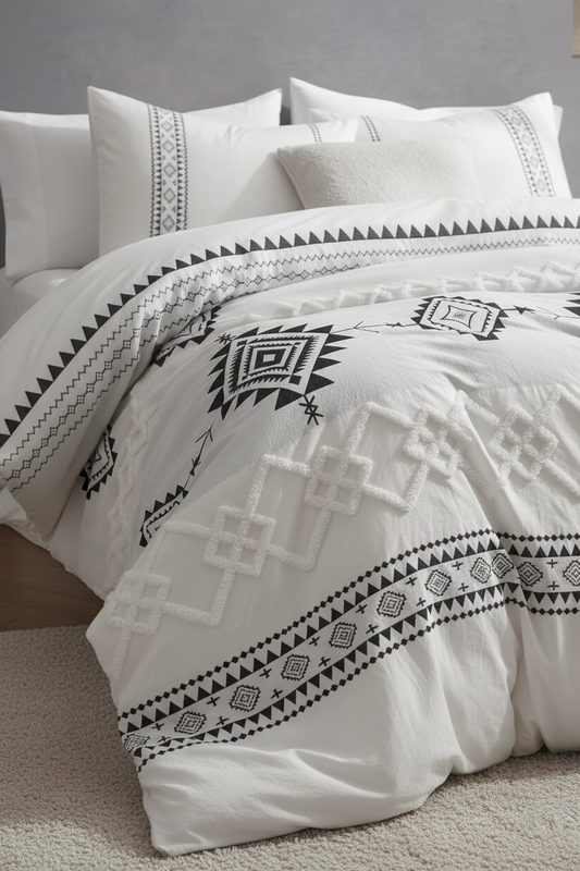 White bedding set with black geometric tribal-style embroidery and textured quilting, shown on a bed with matching pillowcases.