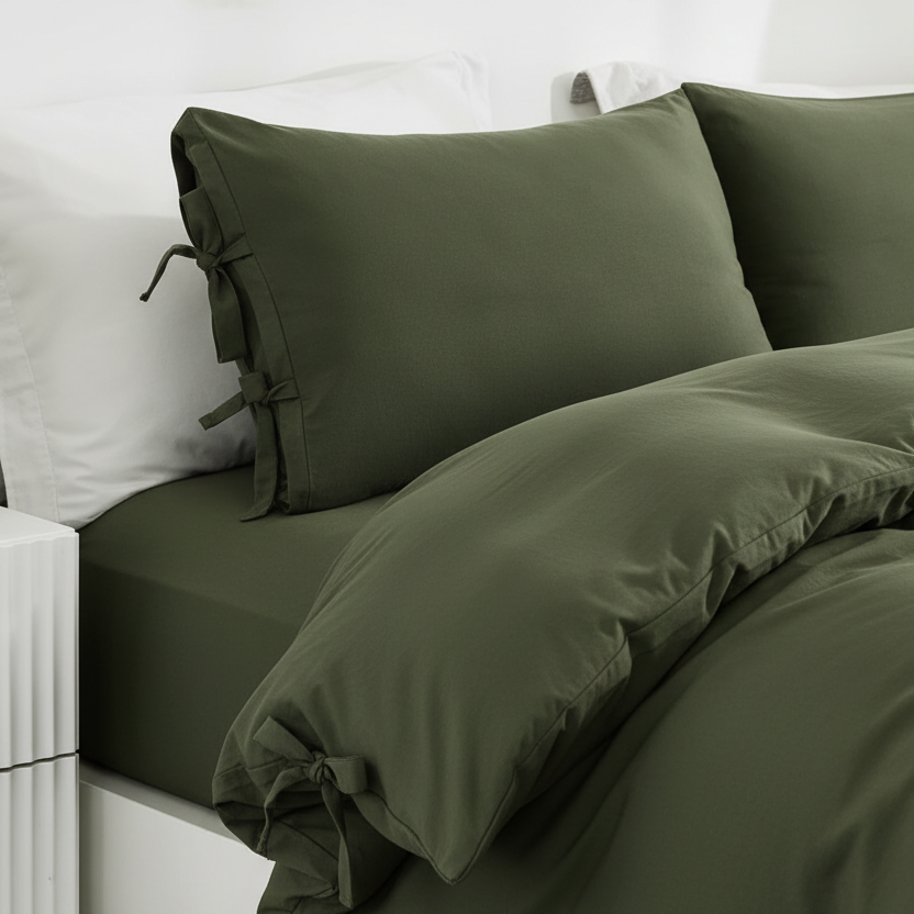 Olive green bedding set on a bed with matching pillowcases, white pillows, and a white headboard in a bright bedroom setting.