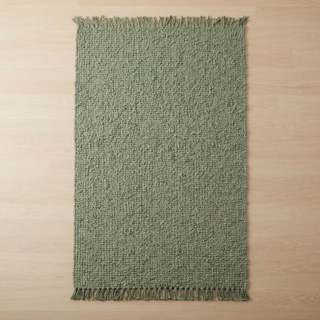 A rectangular woven rug in a muted sage green color with fringed edges, laid flat on a light wood floor.