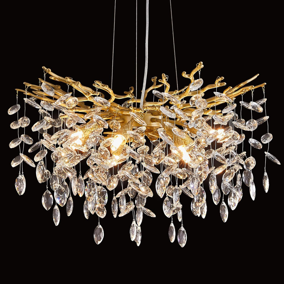 Luxurious chandelier with gold and crystal design on a black background