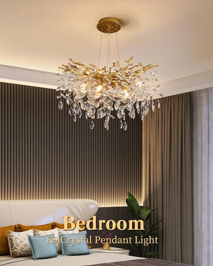 Luxurious crystal pendant light in a bedroom setting with 'Bedroom' text overlay.