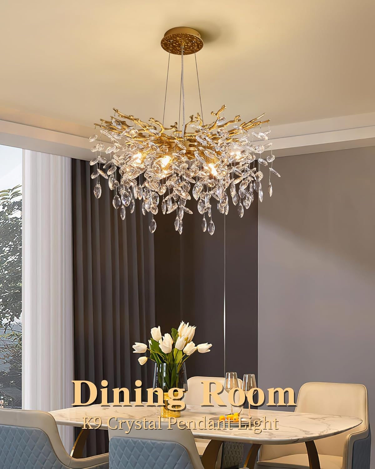 Chandelier hanging above a dining table with 'Dining Room' text overlay