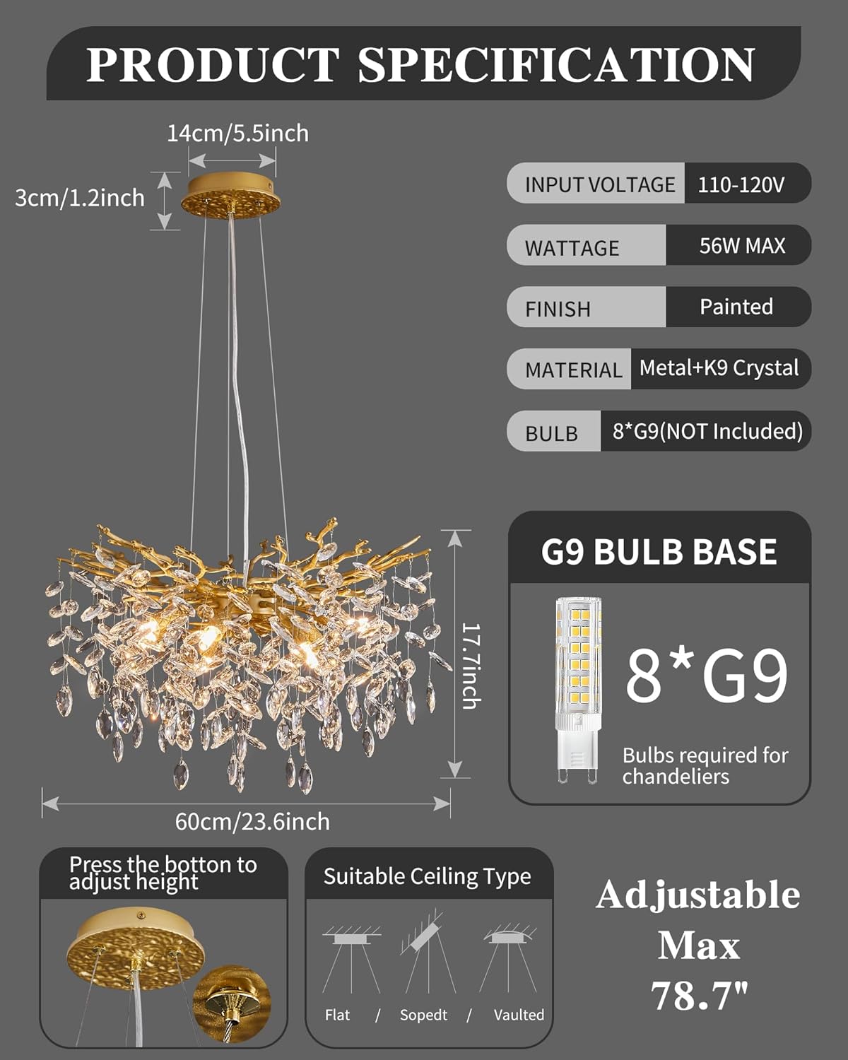 Chandelier with specifications on a gray background