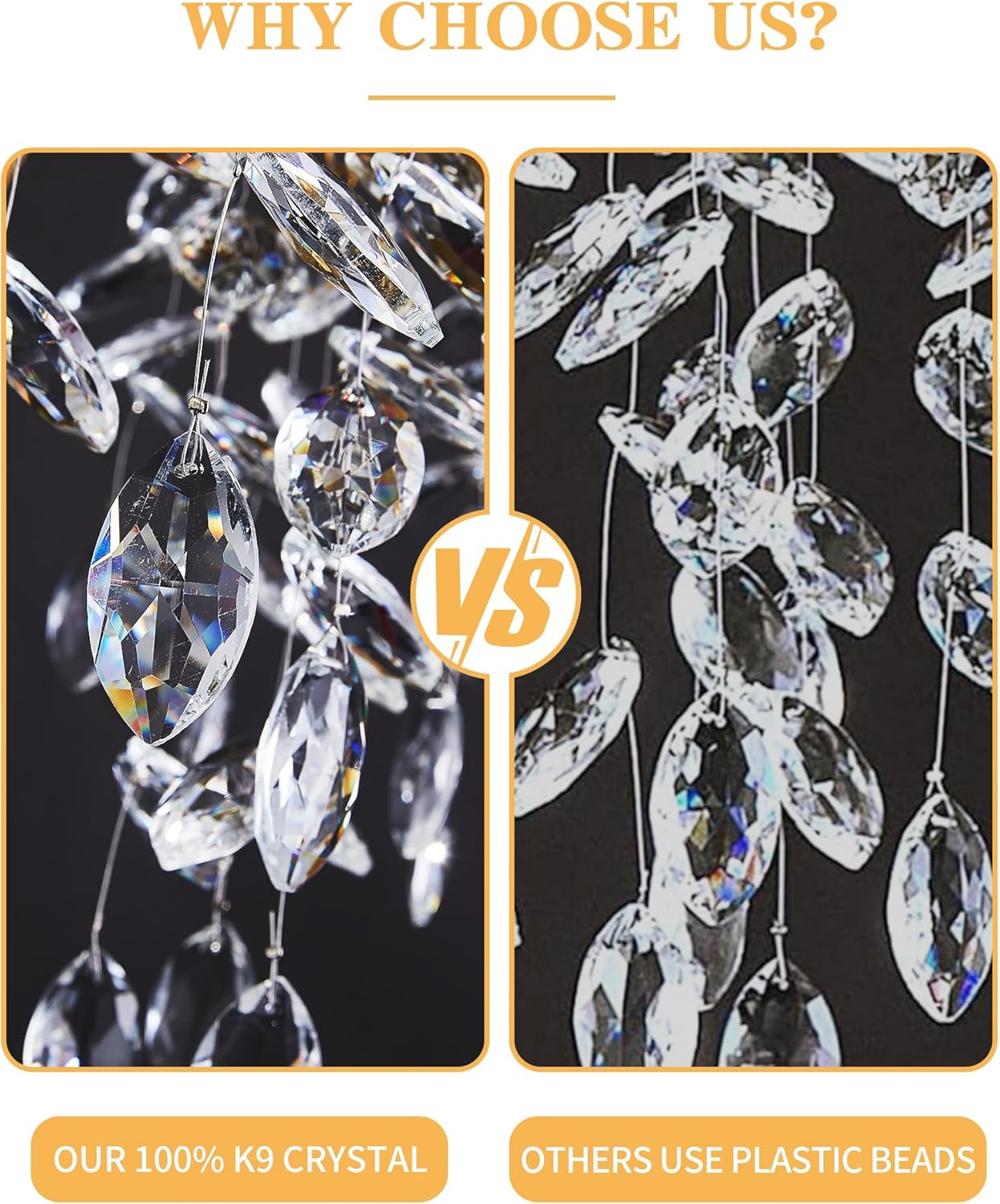 Comparison of 100% K9 crystal vs. plastic beads with 'Why Choose Us?' text.