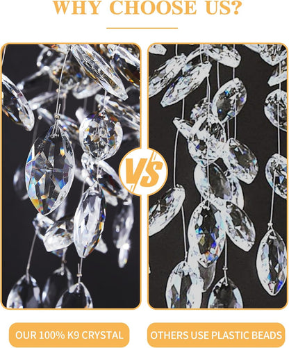 Comparison of 100% K9 crystal vs. plastic beads with 'Why Choose Us?' text.