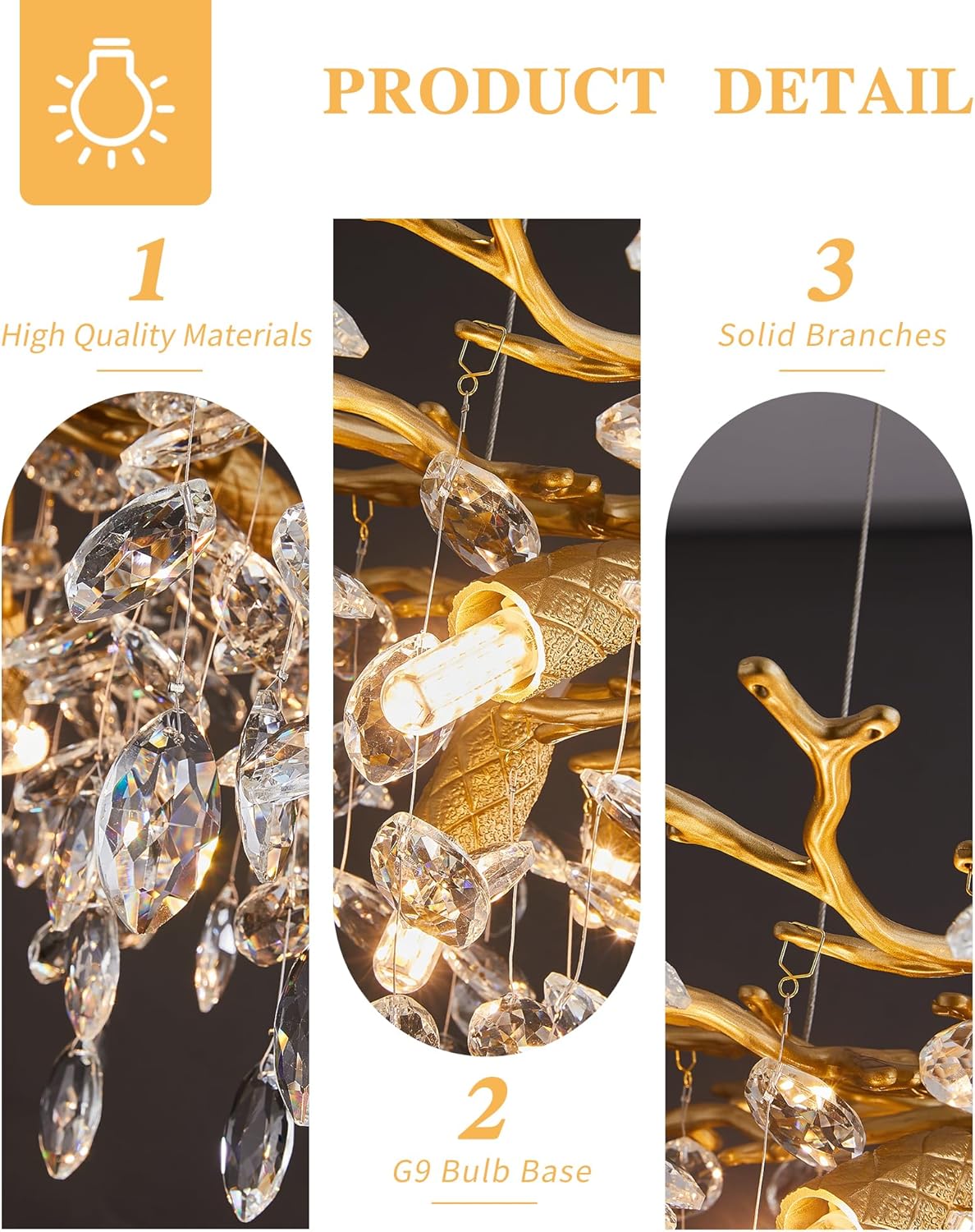 Chandelier with text highlighting high-quality materials, G9 bulb base, and solid branches.