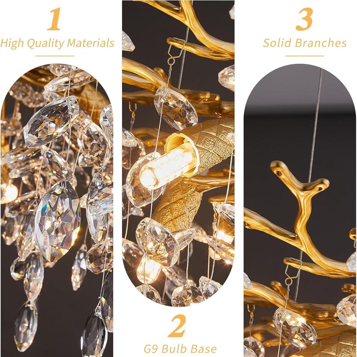 Chandelier with text highlighting high-quality materials, G9 bulb base, and solid branches.