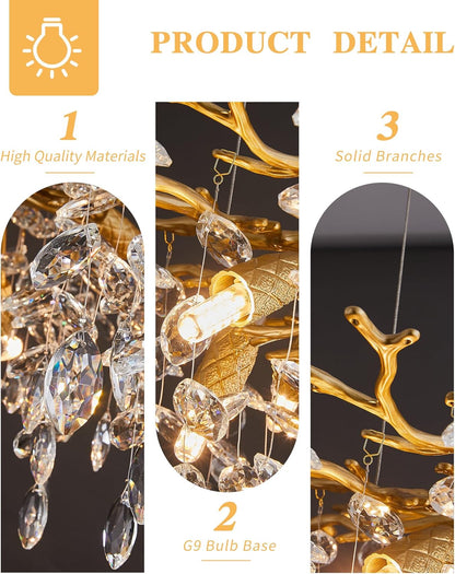 Chandelier with text highlighting high-quality materials, G9 bulb base, and solid branches.
