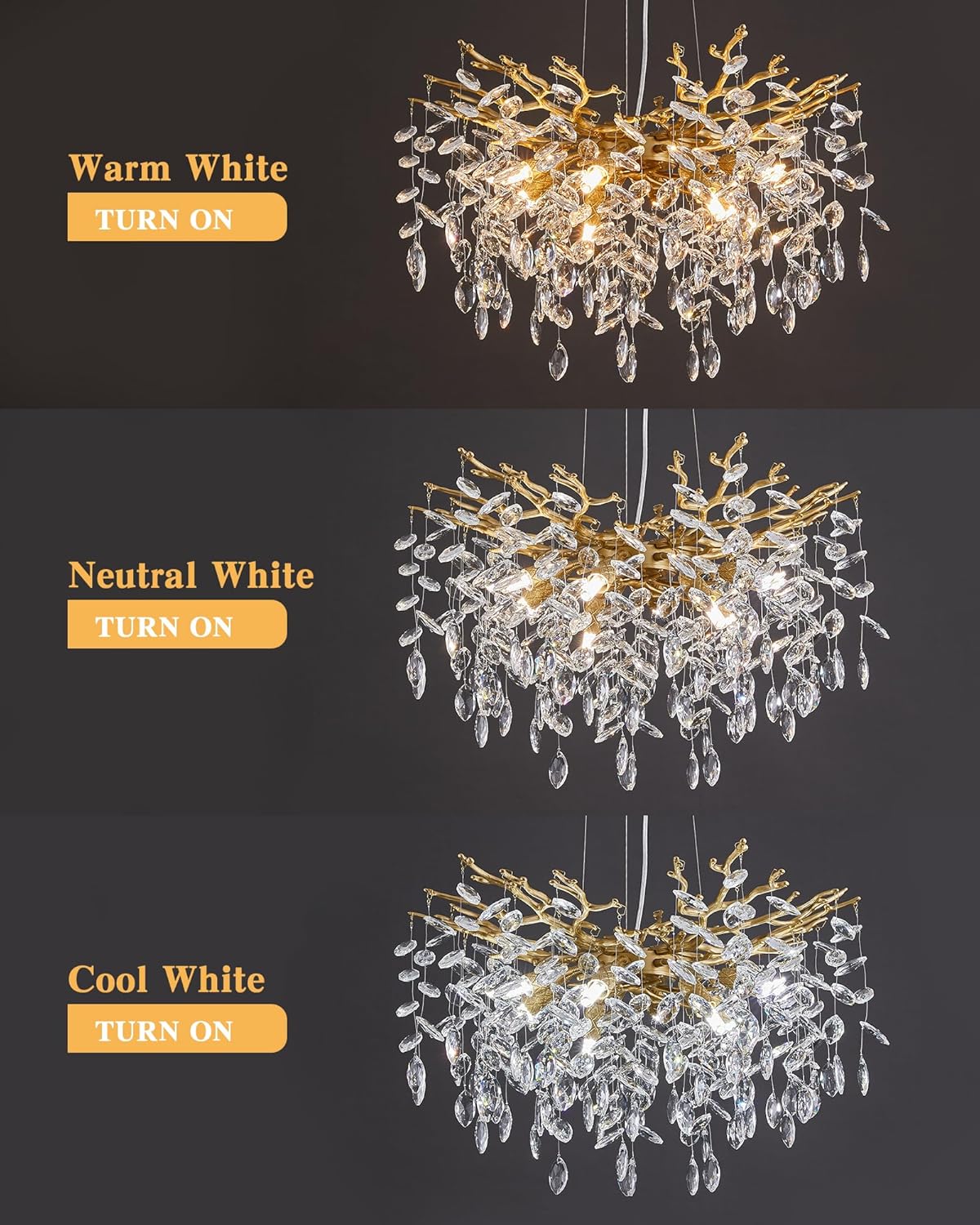 Chandelier with options for warm white, neutral white, and cool white lighting on a dark background.