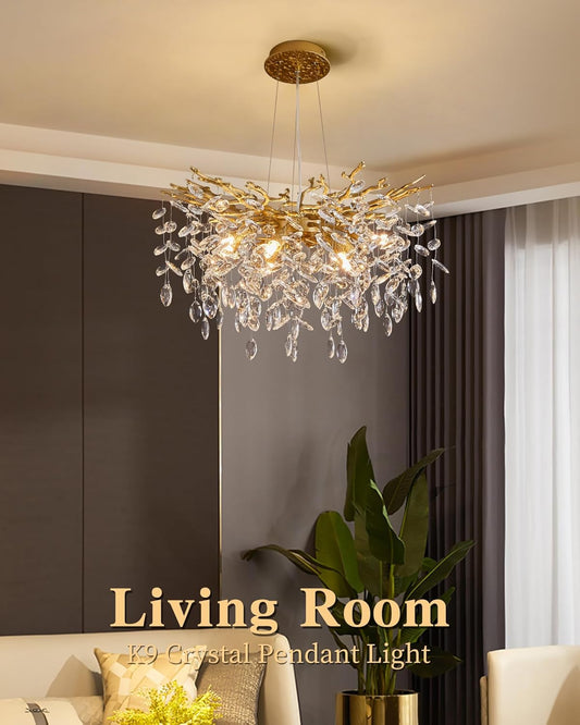 Chandelier in a living room setting with 'Living Room' text and 'K9 Crystal Pendant Light' label.