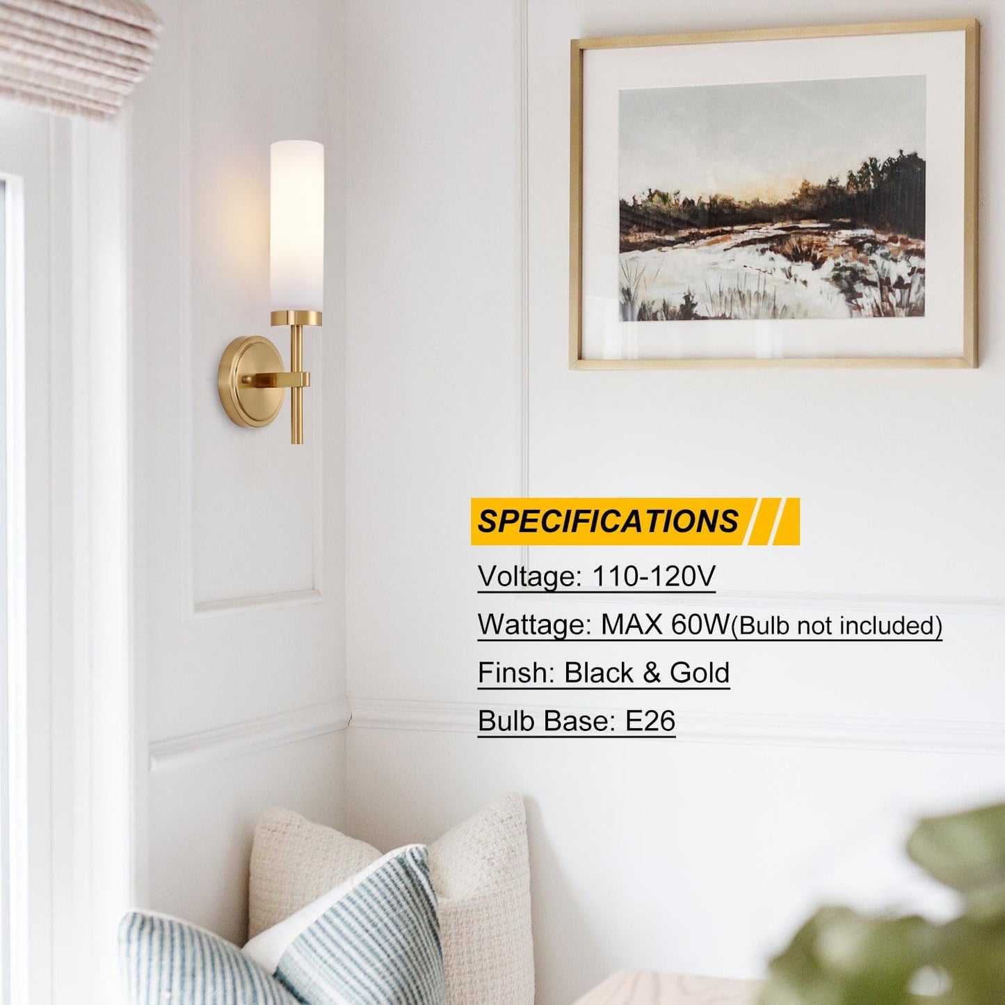 Wall sconce with gold frame and white lampshade in a room setting, featuring specifications text overlay.