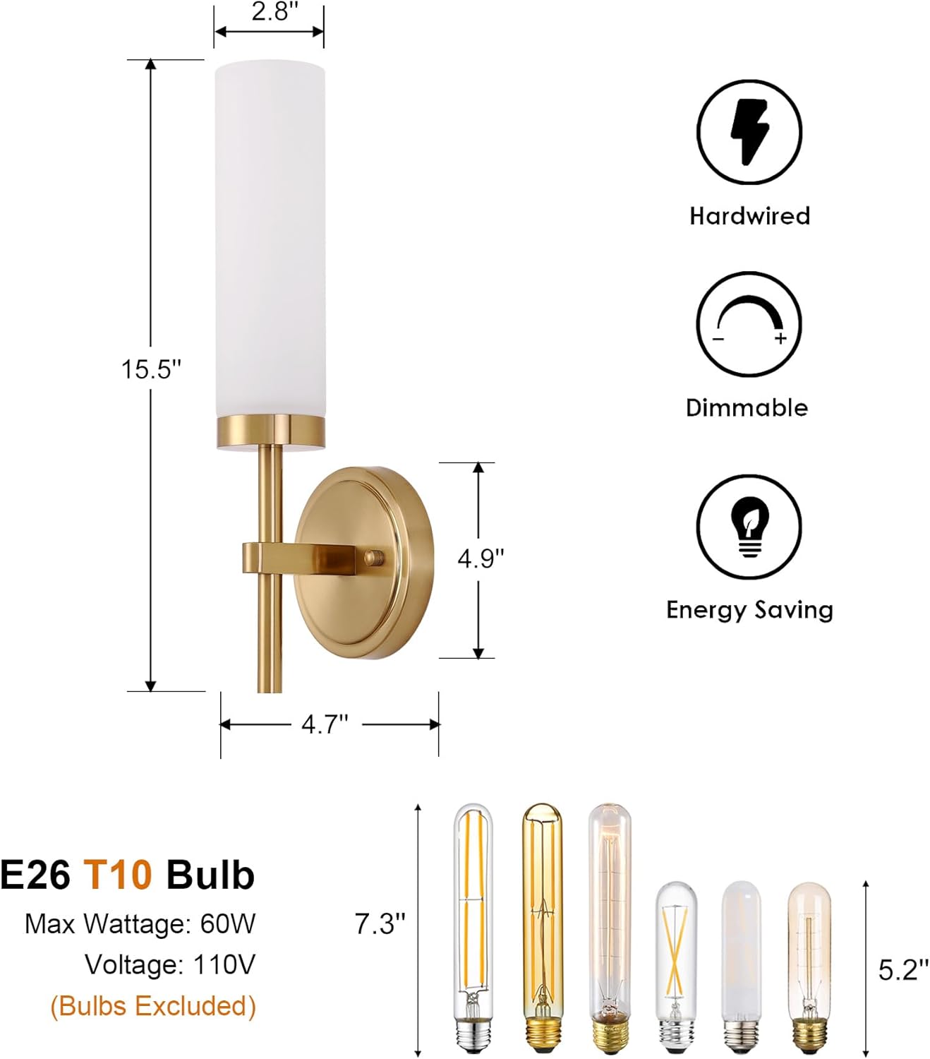 Wall-mounted light fixture with dimensions and features listed on a white background