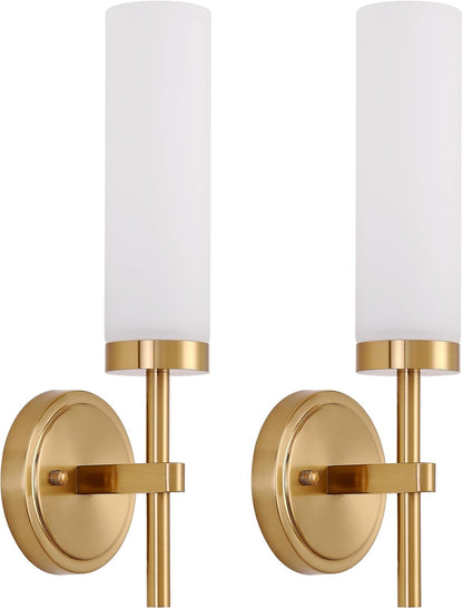 Two gold wall sconces with white lampshades on a white background