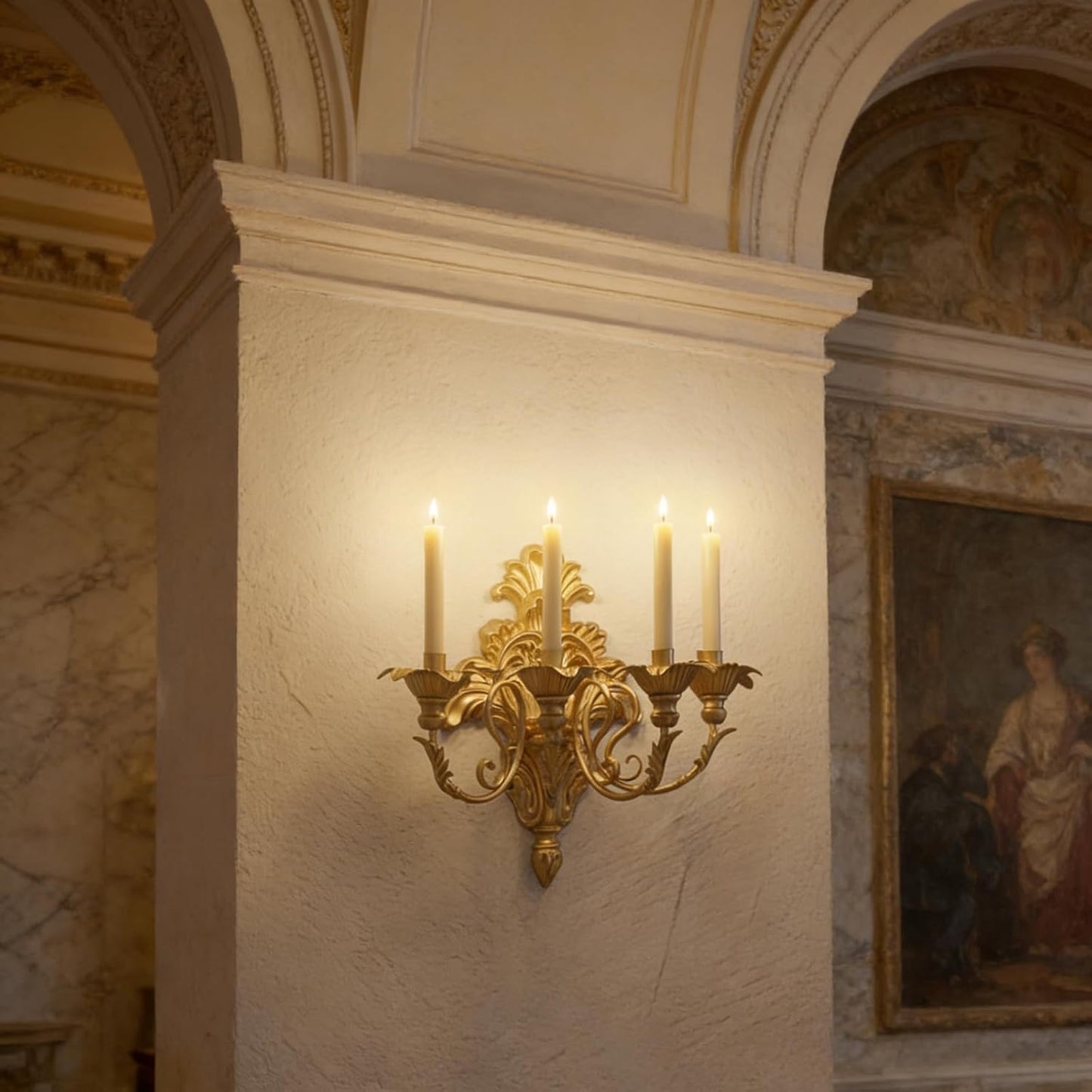 Gold wall sconce with candles on a marble wall in an ornate room.