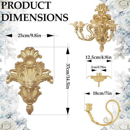 Gold wall sconces with dimensions labeled on a floral background