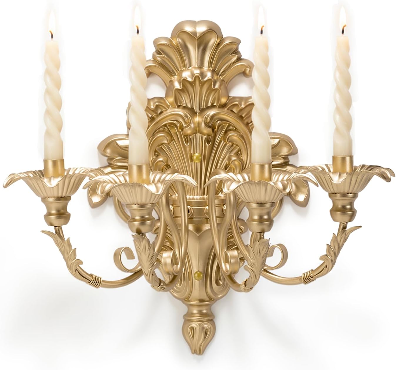 Gold ornate wall sconce with four candle-like lights on a white background