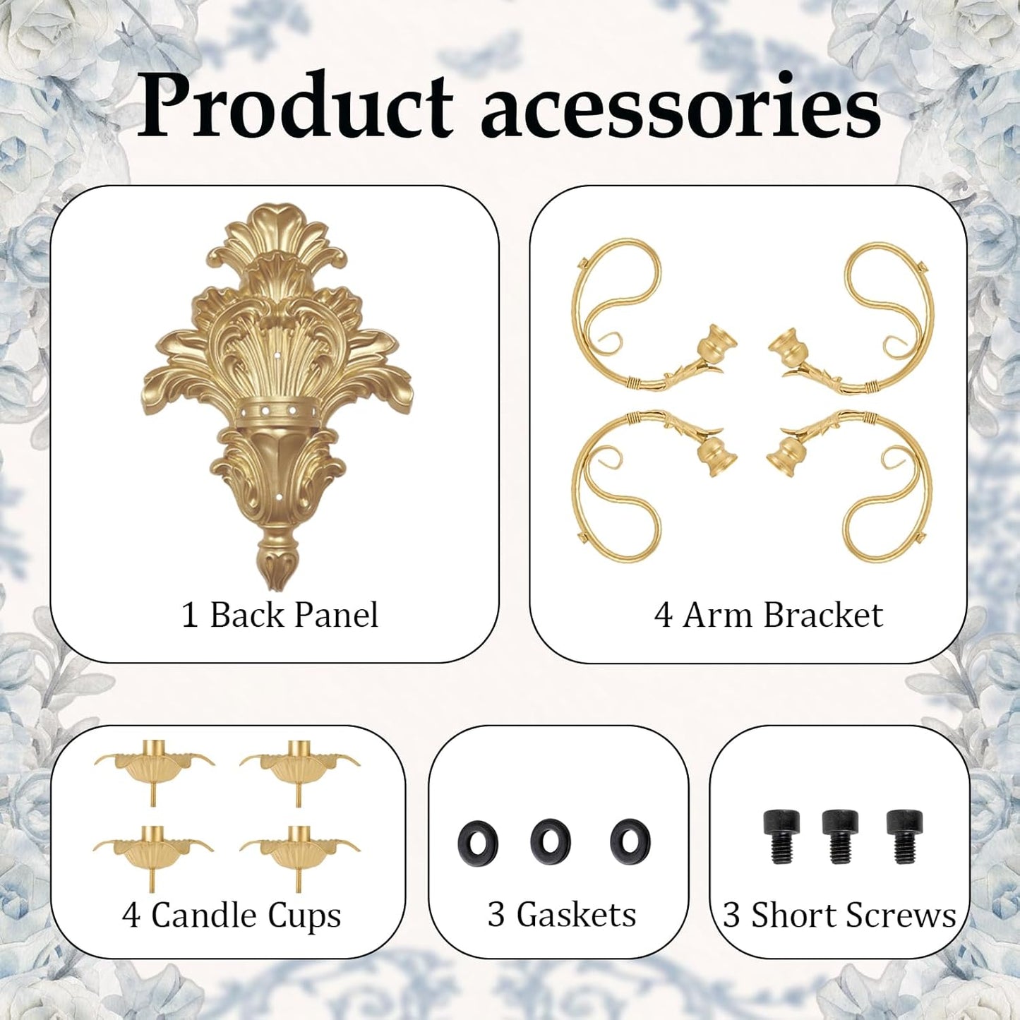 Product accessories including a back panel, arm brackets, candle cups, gaskets, and screws on a decorative background.