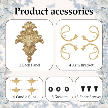 Product accessories including a back panel, arm brackets, candle cups, gaskets, and screws on a decorative background.