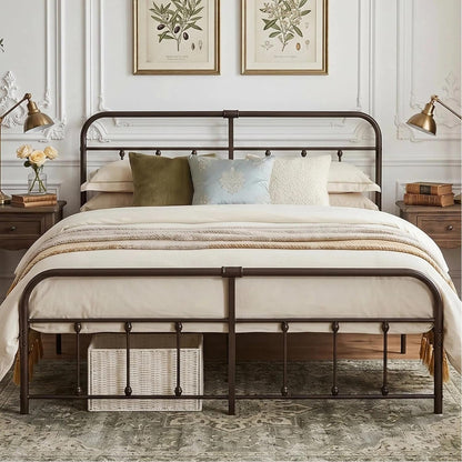 A dark brown metal bed frame with a classic guard rail and footboard, styled with cream bedding, decorative pillows, and a beige throw blanket in a classic bedroom setting.