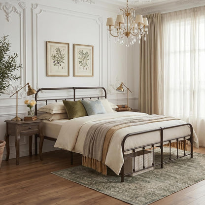 A dark metal bed frame with a classic guardrail design, styled in a bright, traditional bedroom with beige bedding, decorative pillows, bedside tables, and a chandelier.