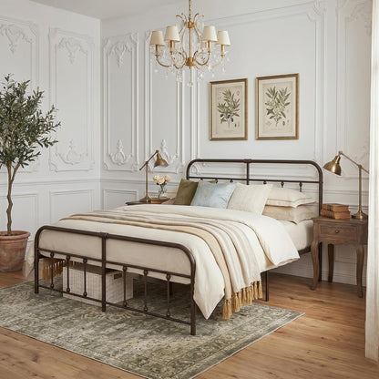 A rustic dark metal bed frame with a curved headboard and footboard, styled in a classic bedroom setting with beige bedding, a patterned area rug, wooden nightstands, and brass lamps.