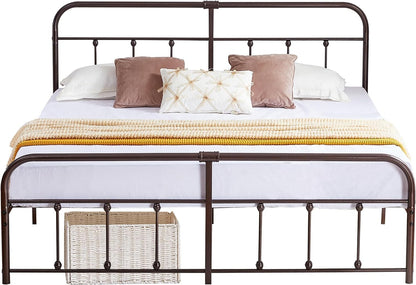 A dark brown metal bed frame with a tall headboard and footboard, styled with white bedding, brown and cream pillows, and a yellow knit throw blanket. A woven storage basket is tucked underneath the footboard.
