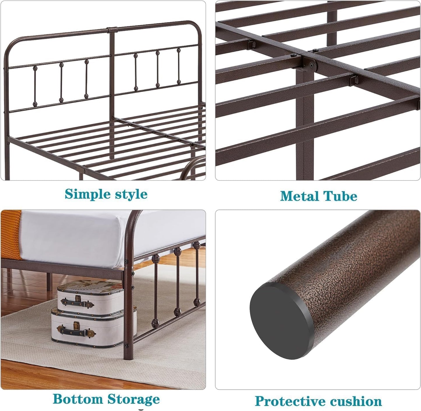 A four-panel product feature collage for a metal bed frame. Top-left shows the full bed frame labeled 'Simple style'; top-right shows a close-up of the metal tube structure labeled 'Metal Tube'; bottom-left shows the bed with storage boxes under the footboard labeled 'Bottom Storage'; bottom-right shows a close-up of a protective cushion labeled 'Protective cushion'.