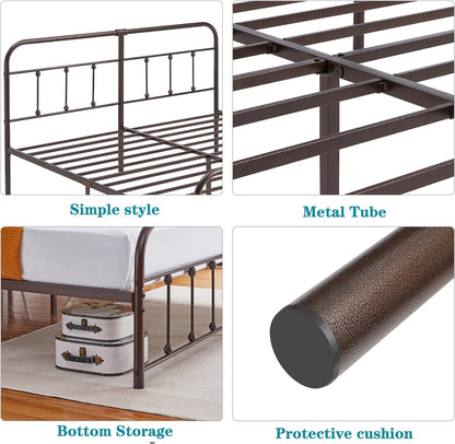 A four-panel product feature collage for a metal bed frame. Top-left shows the full bed frame labeled 'Simple style'; top-right shows a close-up of the metal tube structure labeled 'Metal Tube'; bottom-left shows the bed with storage boxes under the footboard labeled 'Bottom Storage'; bottom-right shows a close-up of a protective cushion labeled 'Protective cushion'.