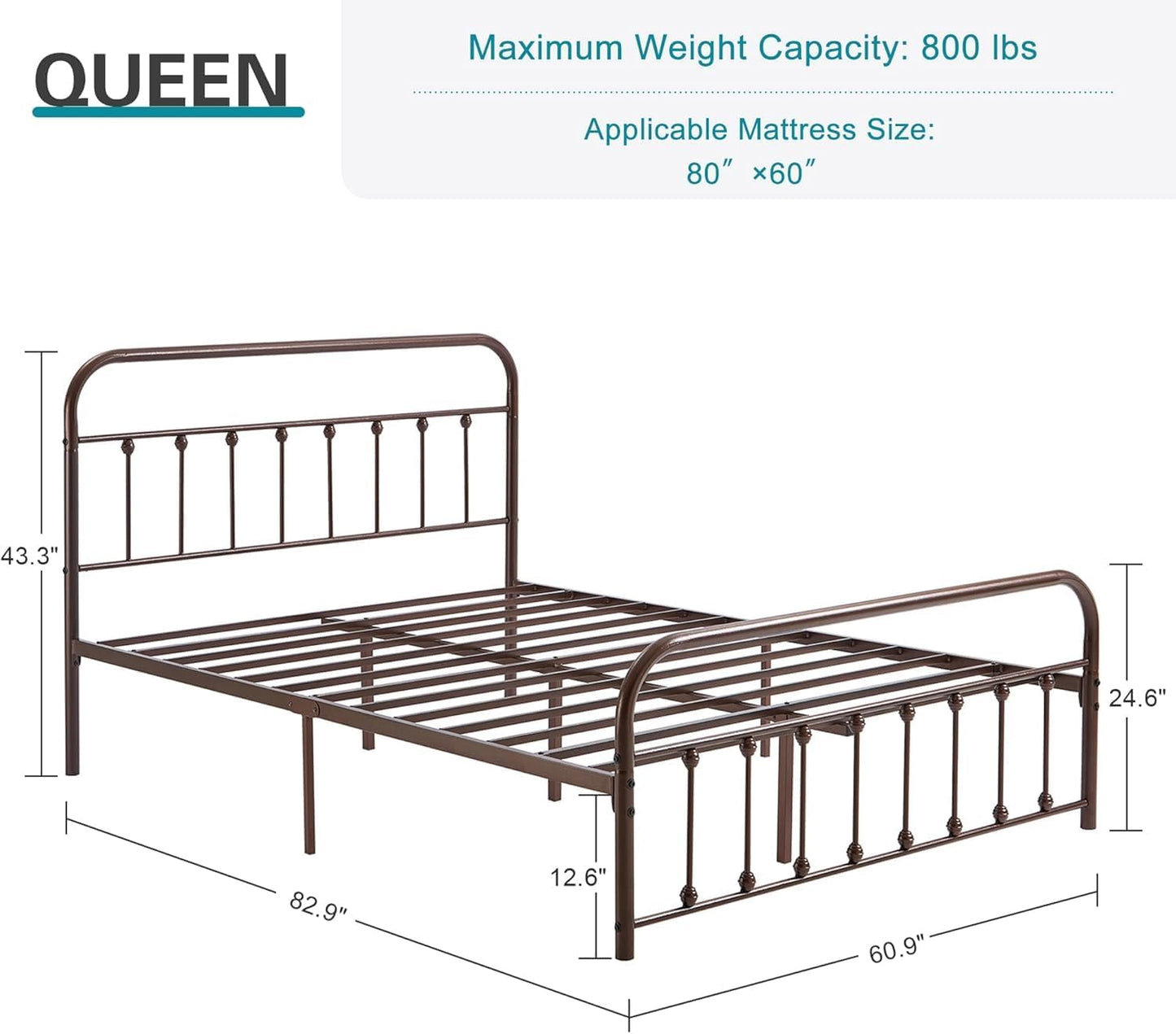 Queen metal bed frame with dimension labels and weight capacity information on a white background. The bed frame is shown in a dark brown finish, with measurements for length, width, height, side rails, and mattress size 80" x 60".